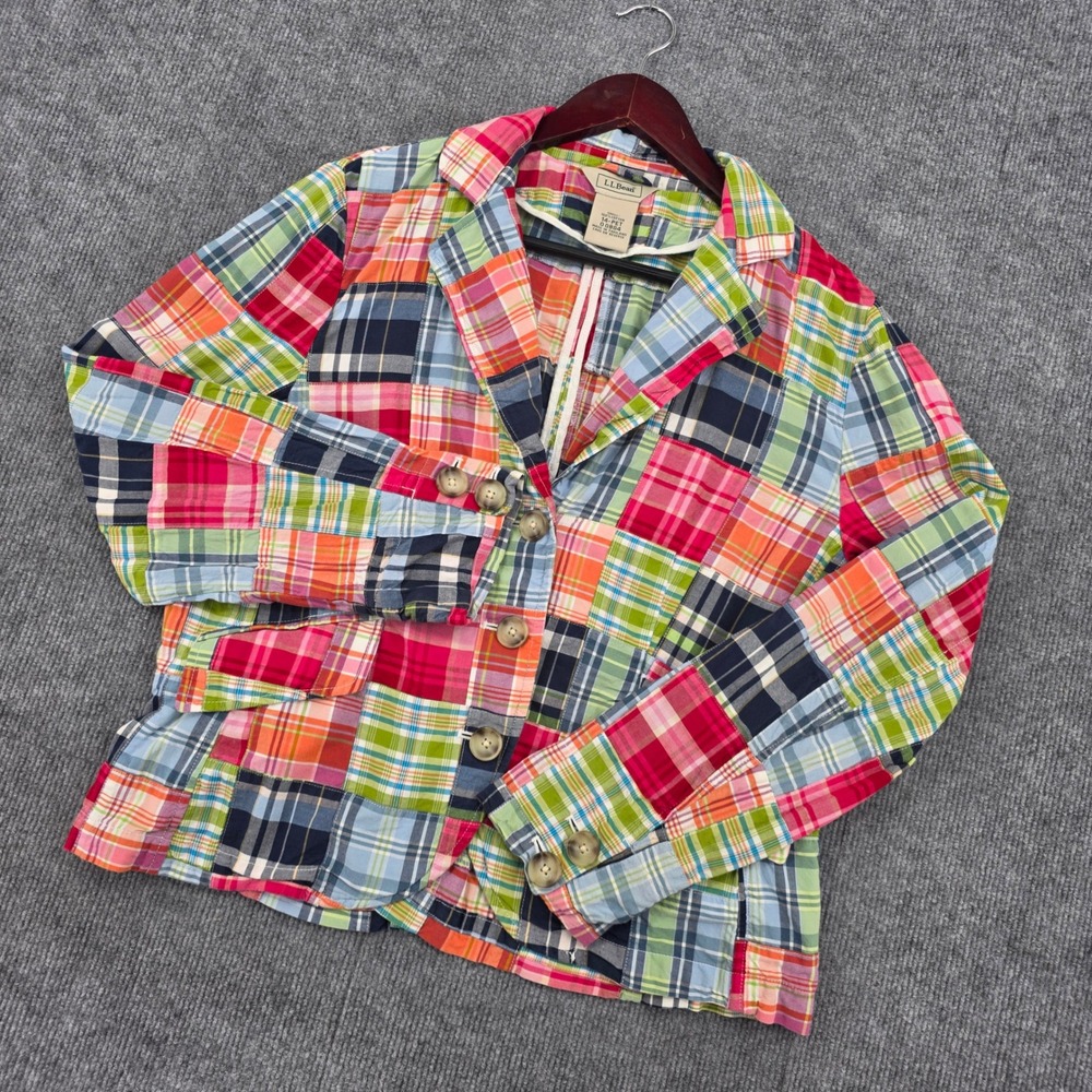 LL Bean Womens 14 Petite Patchwork Madras Plaid Cotton Blazer Jacket Multi-Color